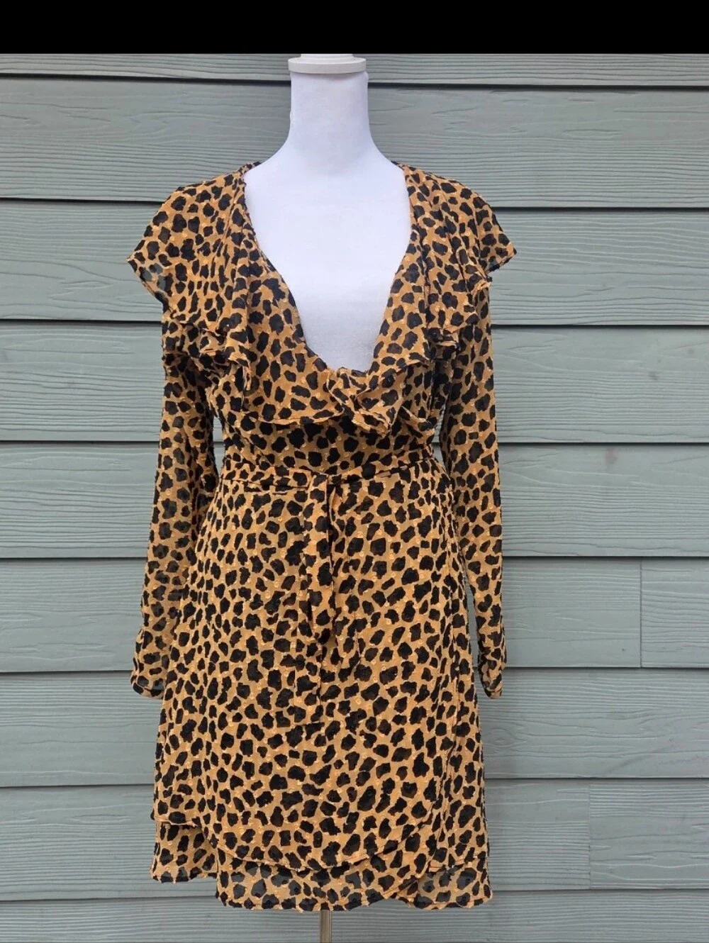 Free People Frenchie Leopard Print Ruffle Wrap Mini Dress Size S